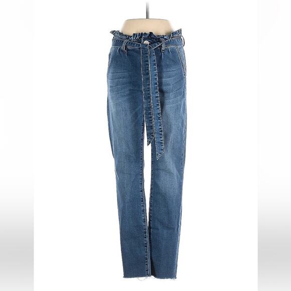 Ashley Mason Amro paper bag ruffled waist belted raw frayed hem jeans, size 7 - Picture 1 of 13